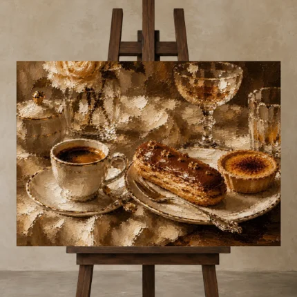 Eclair and Creme Brulee Coffee & Dessert Wall Art Canvas Print shown in Studio Easel