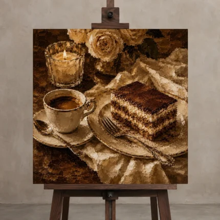 Candlelit Tiramisu Coffee & Dessert Wall Art Canvas Print shown in Studio Easel
