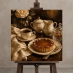 Caramel Tart Coffee & Dessert Wall Art Canvas Print displayed on a studio easel