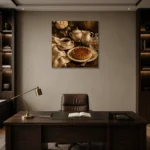 Caramel Tart Coffee & Dessert Wall Art Canvas Print displayed in a contemporary gallery-inspired room