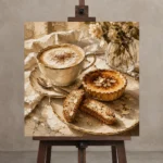 Cappuccino Almond Tart Coffee & Dessert Wall Art Canvas Print displayed on a studio easel