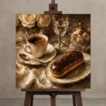 Parisian Eclair Coffee & Dessert Wall Art Canvas Print displayed on a studio easel