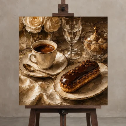 Parisian Eclair Coffee & Dessert Wall Art Canvas Print displayed on a studio easel