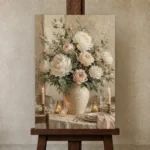 Blush Peony Floral Dining Room Wall Art Canvas Print displayed on a studio easel