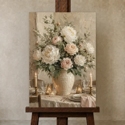 Blush Peony Floral Dining Room Wall Art Canvas Print shown in Studio Easel