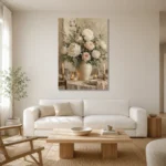 Blush Peony Floral Dining Room Wall Art Canvas Print styled in a refined neutral interior