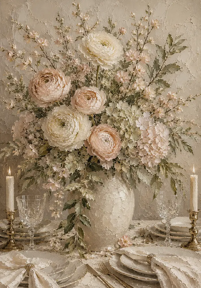 Blush Ranunculus Floral Dining Room Wall Art Canvas Print