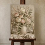 Blush Ranunculus Floral Dining Room Wall Art Canvas Print displayed on a studio easel