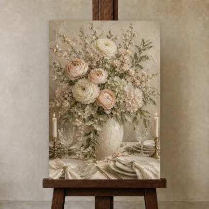 Blush Ranunculus Floral Dining Room Wall Art Canvas Print shown in Studio Easel