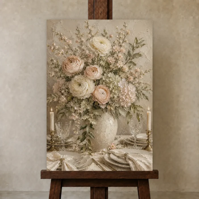 Blush Ranunculus Floral Dining Room Wall Art Canvas Print displayed on a studio easel