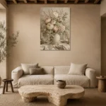 Blush Ranunculus Floral Dining Room Wall Art Canvas Print presented in a sophisticated home setting