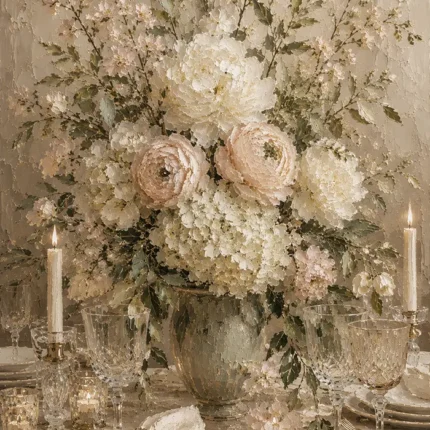 Ivory Hydrangea Floral Dining Room Wall Art Canvas Print