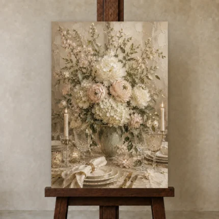 Ivory Hydrangea Floral Dining Room Wall Art Canvas Print shown in Studio Easel