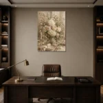 Ivory Hydrangea Floral Dining Room Wall Art Canvas Print displayed in a contemporary gallery-inspired room