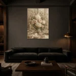 Ivory Hydrangea Floral Dining Room Wall Art Canvas Print shown in a warm modern interior