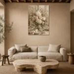 Ivory Hydrangea Floral Dining Room Wall Art Canvas Print presented in a sophisticated home setting