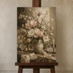 Blush Magnolia Floral Dining Room Wall Art Canvas Print displayed on a studio easel