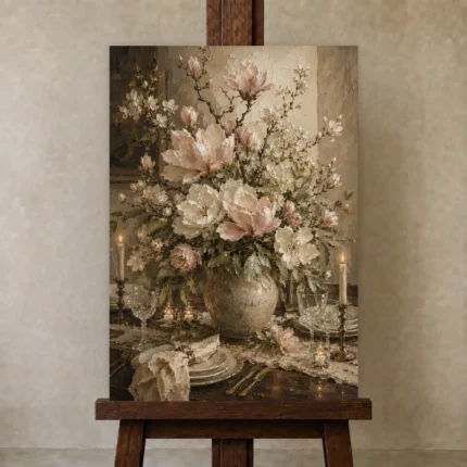 Blush Magnolia Floral Dining Room Wall Art Canvas Print shown in Studio Easel