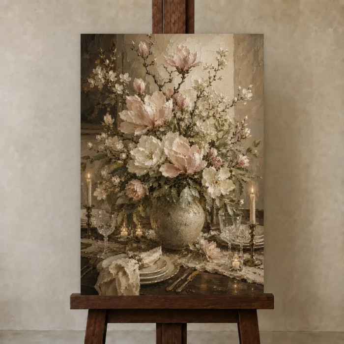 Blush Magnolia Floral Dining Room Wall Art Canvas Print displayed on a studio easel