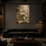 Blush Magnolia Floral Dining Room Wall Art Canvas Print shown in a warm modern interior