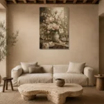Blush Magnolia Floral Dining Room Wall Art Canvas Print presented in a sophisticated home setting