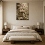 Blush Magnolia Floral Dining Room Wall Art Canvas Print showcased in an elegant minimalist interior