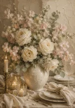 Ivory Rose Floral Dining Room Wall Art Canvas Print