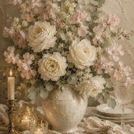 Ivory Rose Floral Dining Room Wall Art Canvas Print