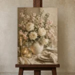 Ivory Rose Floral Dining Room Wall Art Canvas Print displayed on a studio easel