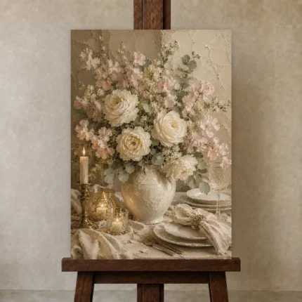 Ivory Rose Floral Dining Room Wall Art Canvas Print shown in Studio Easel