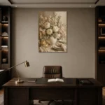 Ivory Rose Floral Dining Room Wall Art Canvas Print displayed in a contemporary gallery-inspired room