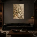 Ivory Rose Floral Dining Room Wall Art Canvas Print shown in a warm modern interior