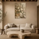 Ivory Rose Floral Dining Room Wall Art Canvas Print presented in a sophisticated home setting