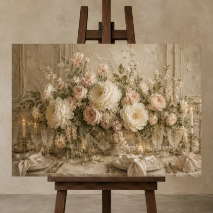 Ivory Peony Floral Dining Room Wall Art Canvas Print displayed on a studio easel