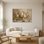 Ivory Peony Floral Dining Room Wall Art Canvas Print styled in a refined neutral interior