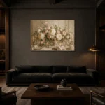 Ivory Peony Floral Dining Room Wall Art Canvas Print shown in a warm modern interior