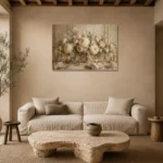Ivory Peony Floral Dining Room Wall Art Canvas Print presented in a sophisticated home setting