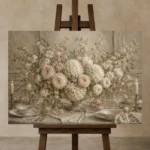 Blush Hydrangea Floral Dining Room Wall Art Canvas Print displayed on a studio easel