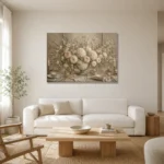 Blush Hydrangea Floral Dining Room Wall Art Canvas Print styled in a refined neutral interior