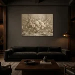 Blush Hydrangea Floral Dining Room Wall Art Canvas Print shown in a warm modern interior