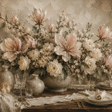 Blush Magnolia Tablescape Floral Dining Room Wall Art Canvas Print