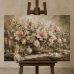 Blush Magnolia Tablescape Floral Dining Room Wall Art Canvas Print displayed on a studio easel