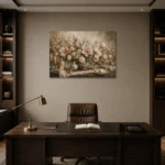 Blush Magnolia Tablescape Floral Dining Room Wall Art Canvas Print displayed in a contemporary gallery-inspired room