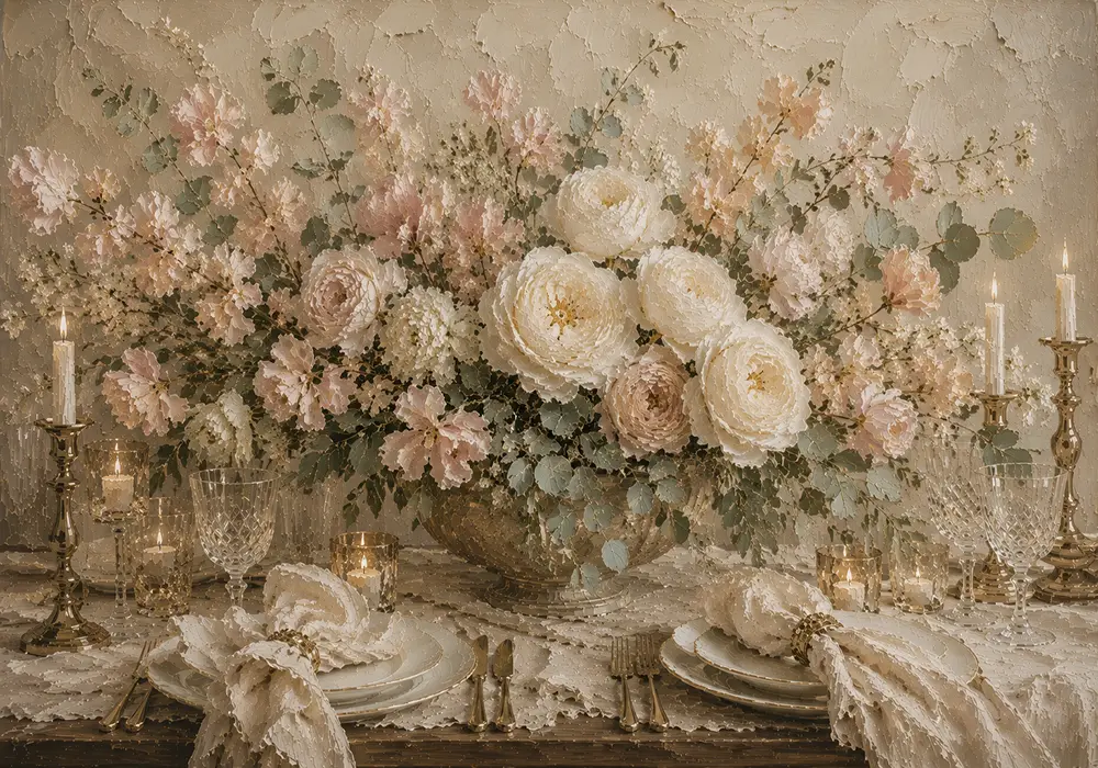Blush Rose Tablescape Floral Dining Room Wall Art Canvas Print