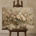 Blush Rose Tablescape Floral Dining Room Wall Art Canvas Print displayed on a studio easel