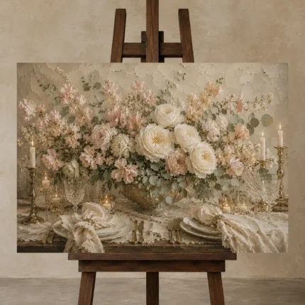 Blush Rose Tablescape Floral Dining Room Wall Art Canvas Print shown in Studio Easel