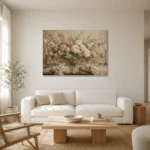 Blush Rose Tablescape Floral Dining Room Wall Art Canvas Print styled in a refined neutral interior