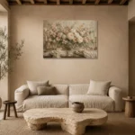 Blush Rose Tablescape Floral Dining Room Wall Art Canvas Print presented in a sophisticated home setting