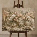 White Orchid Floral Dining Room Wall Art Canvas Print displayed on a studio easel