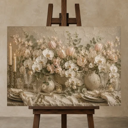 White Orchid Floral Dining Room Wall Art Canvas Print displayed on a studio easel
